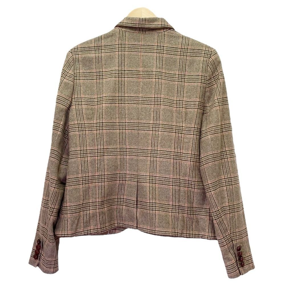 Lands End Glen Plaid Single Button Blazer Tan & Brown Leather Buttons Size 16 - Picture 8 of 15